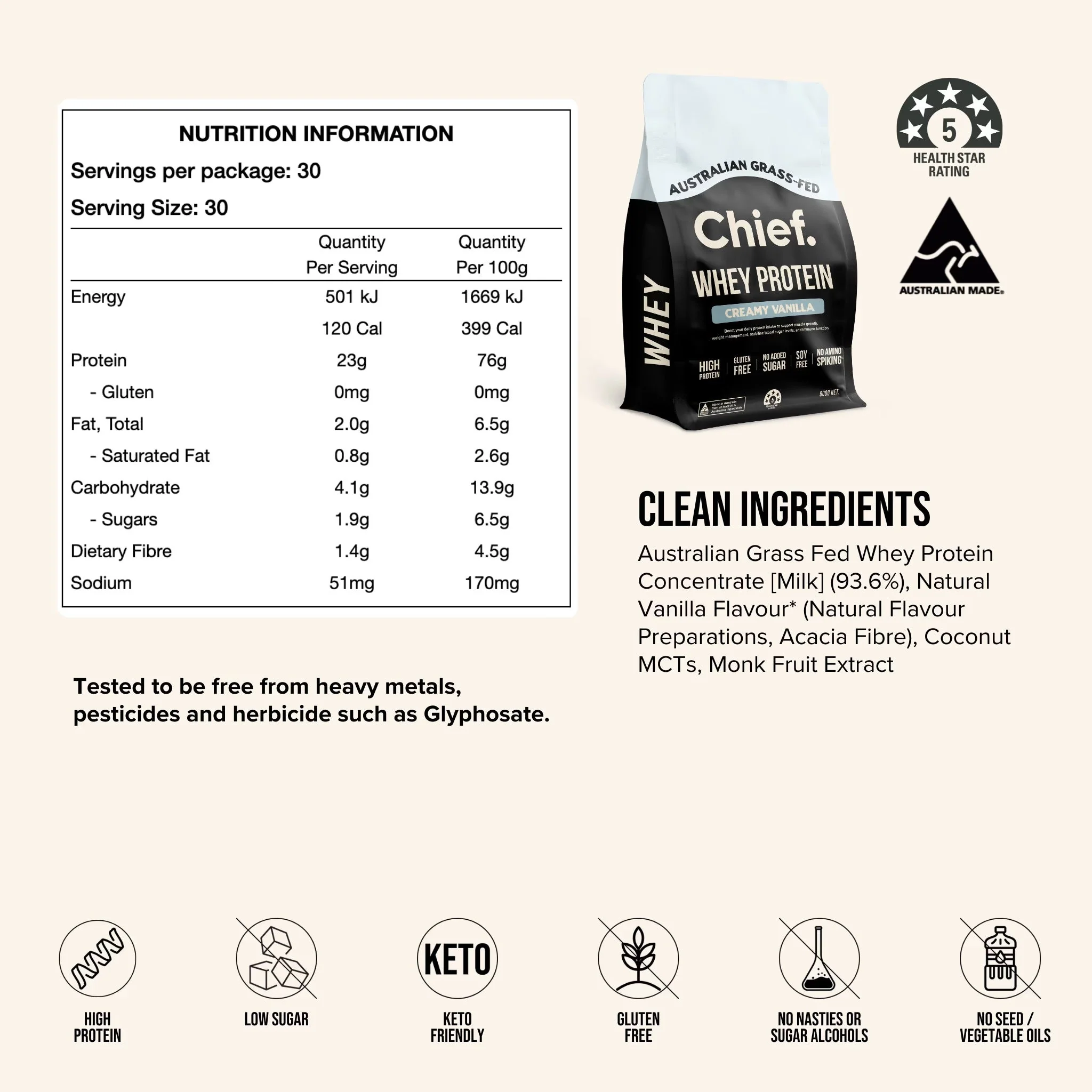 Grass-fed Whey Protein Powder - Creamy Vanilla - 900g - Image 3