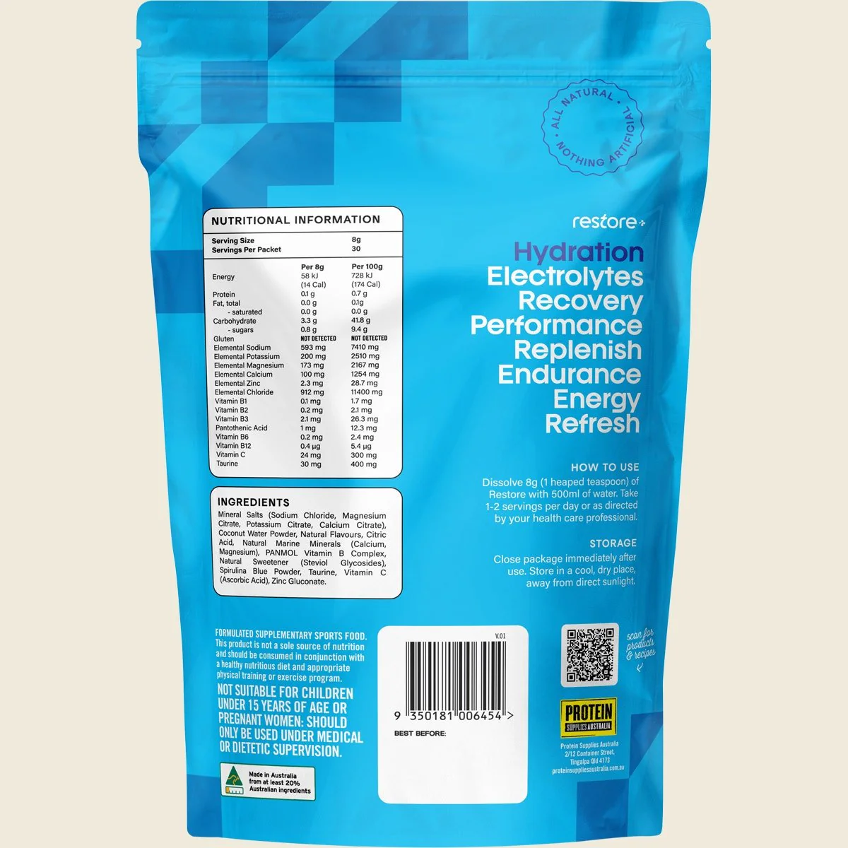Restore Electrolyte Drink Mix Blue Raspberry 240g - Image 3