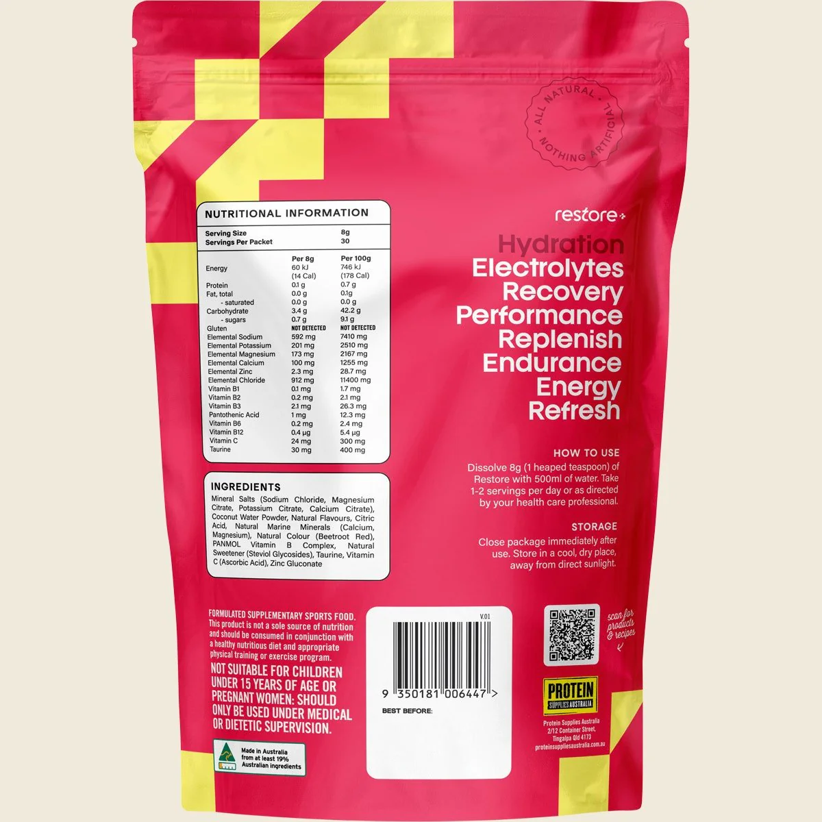 Restore Electrolyte Drink Mix Raspberry Lemonade 240g - Image 3