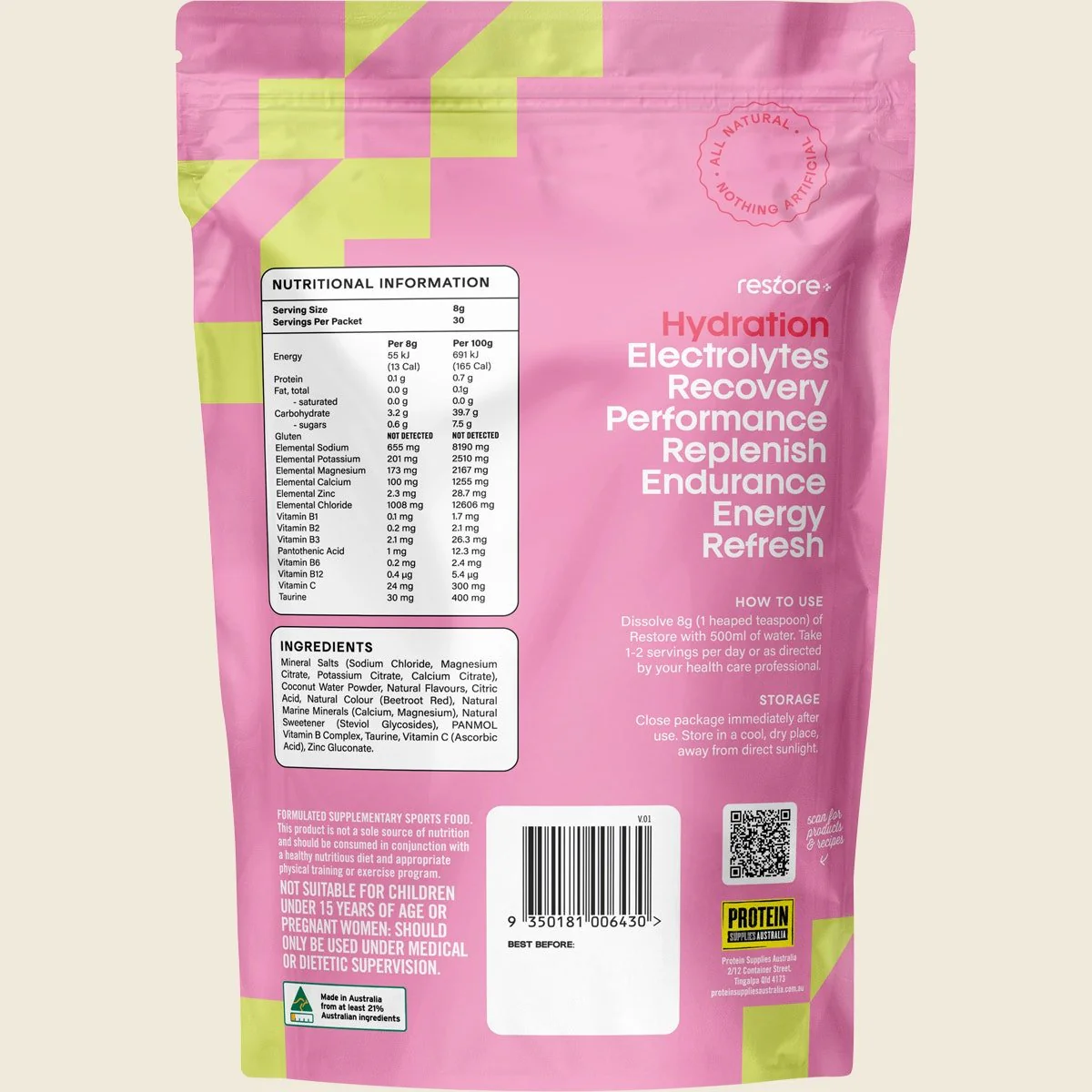 Restore Electrolyte Drink Mix Strawberry & Lime 240g - Image 2